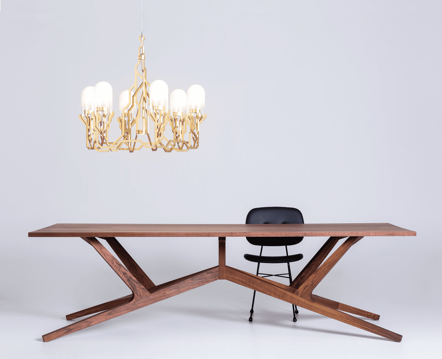 Liberty Table with one Golden Chair black and Plant Chandelier