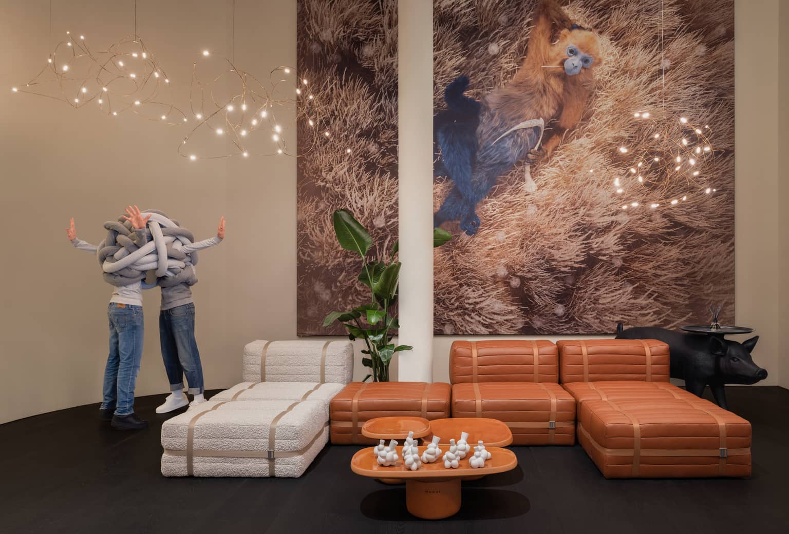 Haybale Lounge Chair, Pig Table, Obon Table, Flock of Light, Egg Vase