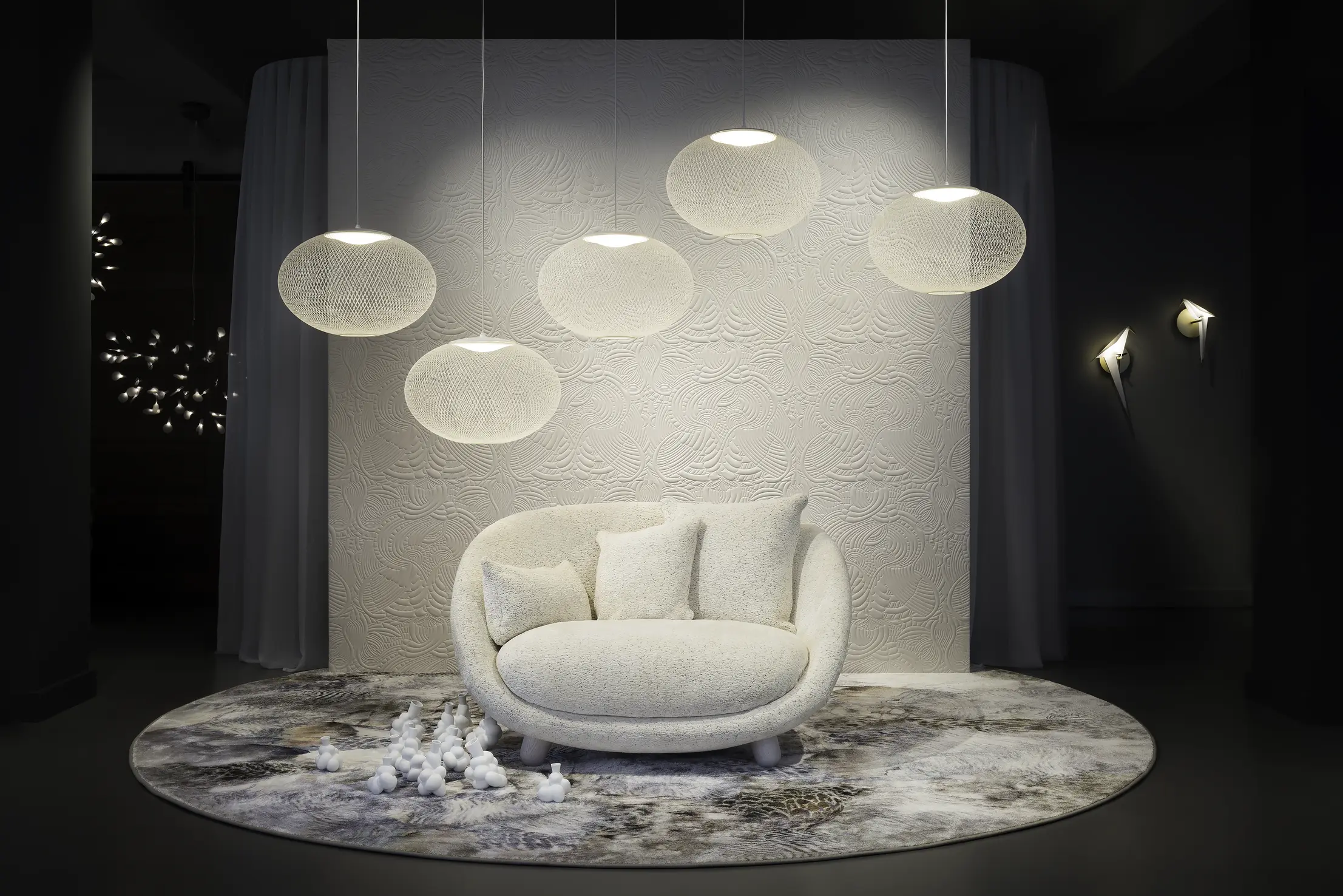 Interior of London Showroom 2018 with Love Sofa, NR2 suspension light and Moooi Carpet