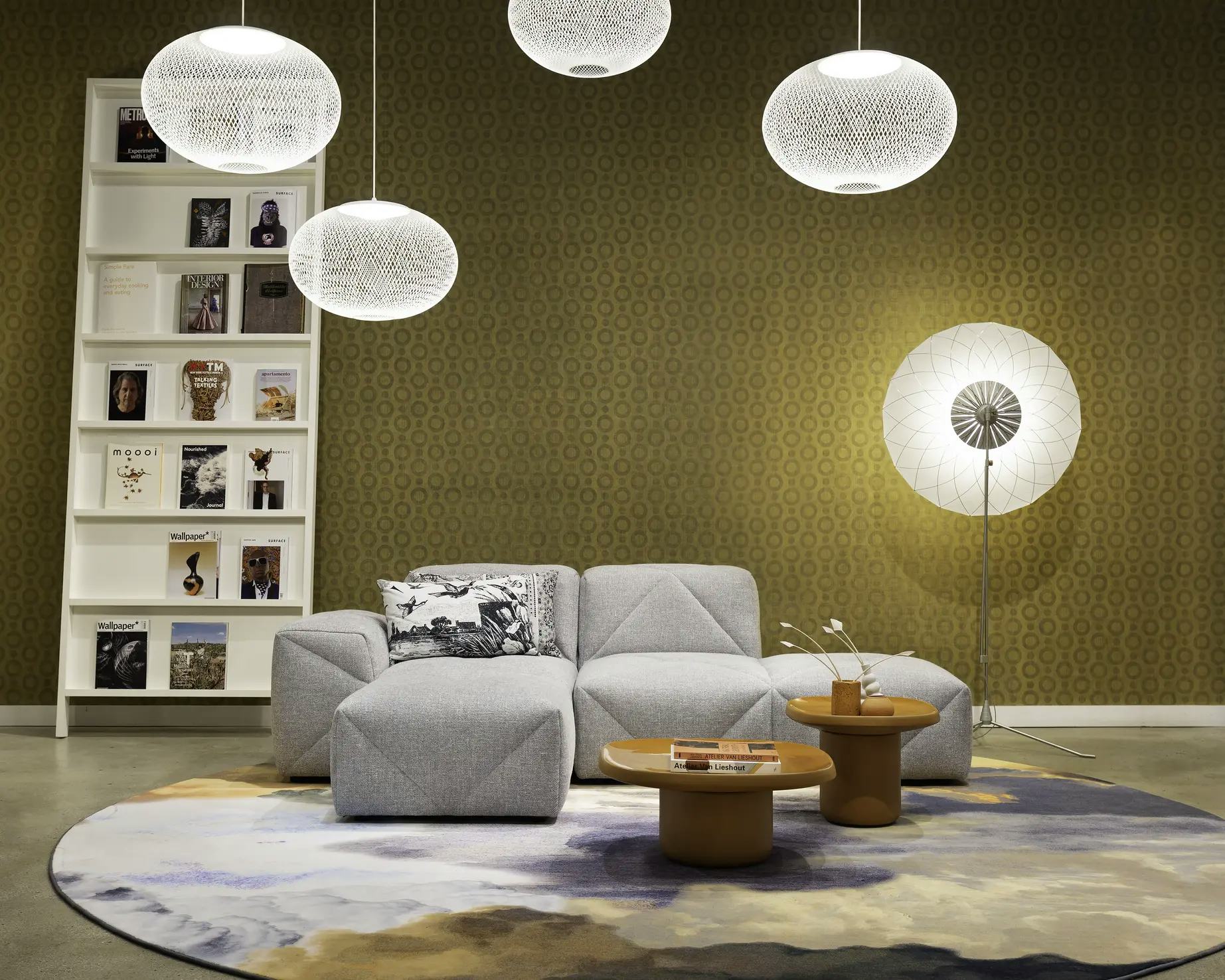 Interior of New York Showroom with BFF Sofa, NR2 suspension light and Oblique