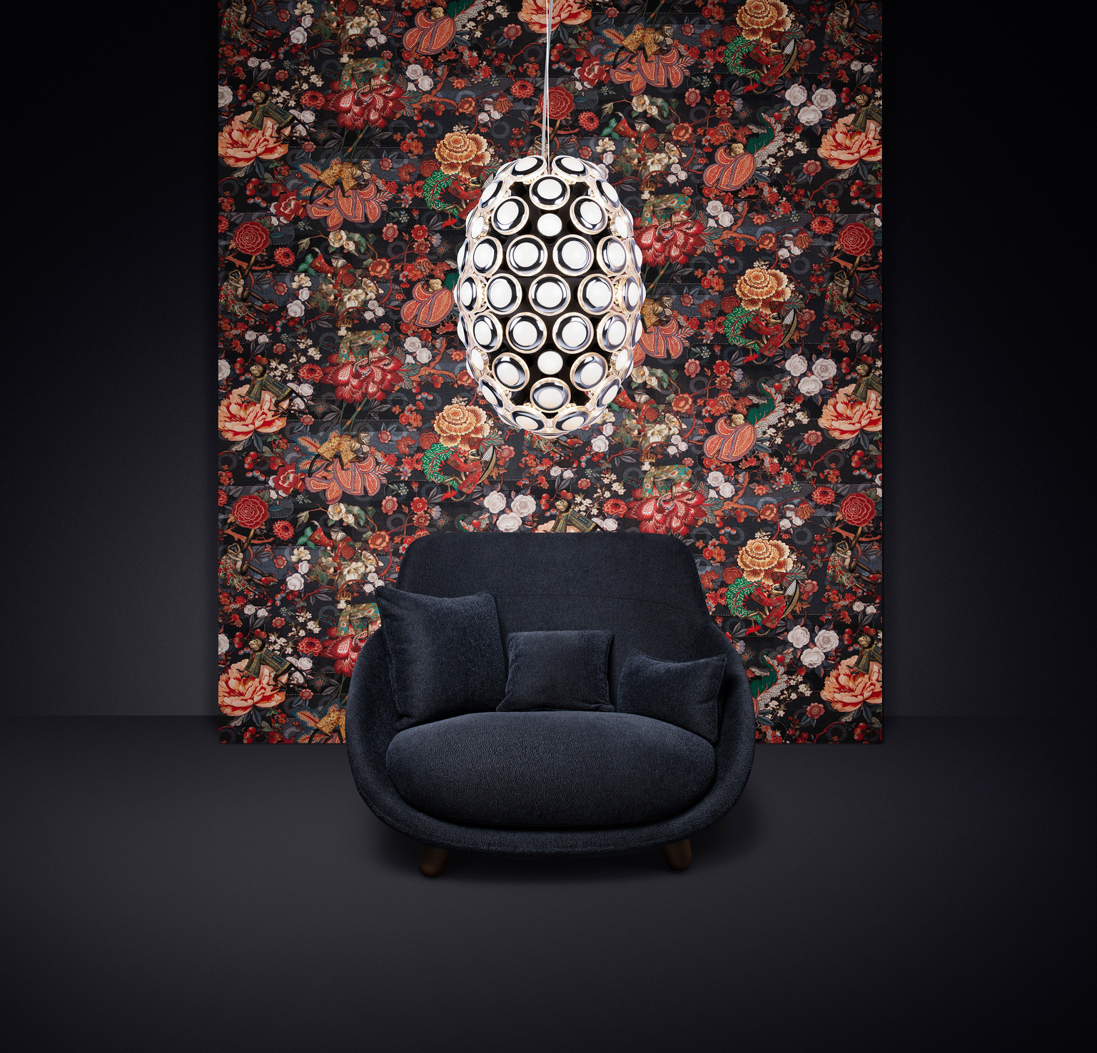 Poetic composition Love Sofa Highback, Iconic Eyes suspension light and Moooi Wallcovering Tokyo Blue